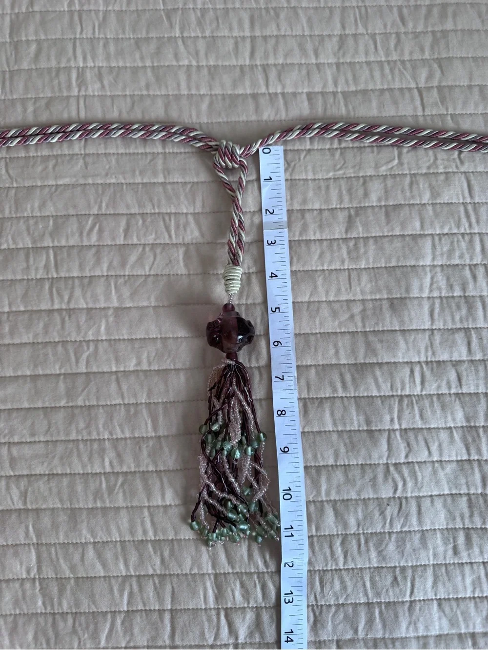 Vintage Beaded Tassel in Purple and Green - 11” drop and 29” tie back
